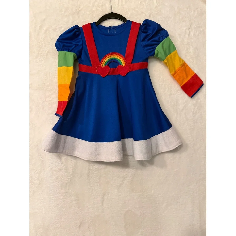 Rainbow Brite Inspired Costume Dress Blue Rainbow Sleeves Hearts Girls Halloween